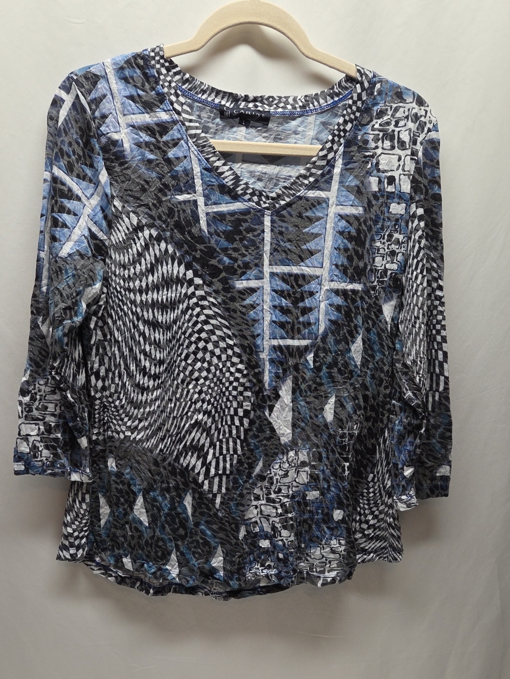 CW Carine Vintage Geometric Print V-Neck Women's Top - Blue & Black Vacation